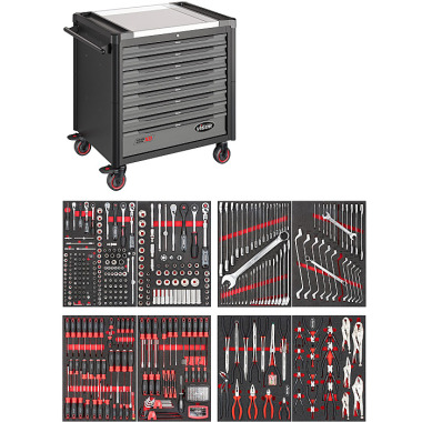 Vigor Werkstattwagen mit Sortiment und Edelstahl-Arbeitsplatte - 1000 XD - Anzahl Werkzeuge: 469 V4481-XD/469