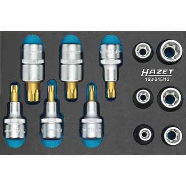 HAZET Werkzeug-Satz, TORX® - Vierkant hohl 12,5 mm (1/2 Zoll) - Außen TORX® Profil, Innen TORX® Profil - Anzahl Werkzeuge: 12 163-245/12