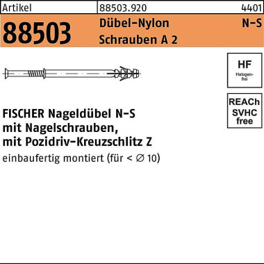 Fischer Nageldübel R 88503 N-S 6x 40/10 Schrauben A 2/Dübe l-Nylon 50 Stück FISCHER 885039200060040