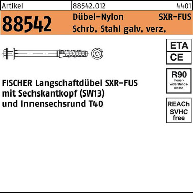 Fischer Rahmendübel R 88542 SXR 1 0x 80 FUS Schraube Sta ve rz./Dübel-Nylon 50St. FIS CHER 885420120100080