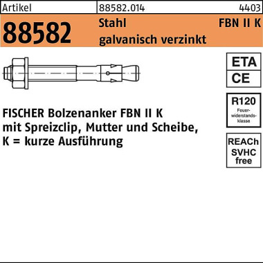 Fischer Bolzenanker R 88582 FBN I I 20/10K Stahl galv.verz. 10 Stück FISCHER 885820140200010