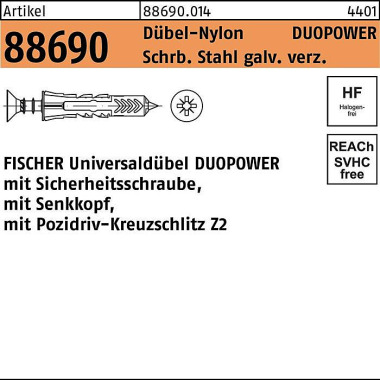 Fischer Dübel R 88690 SEKO-Schr. DUOPOWER 6x30 S Schr.verz ./Dübel-Nylon 50St. FISCH ER 886900140060030