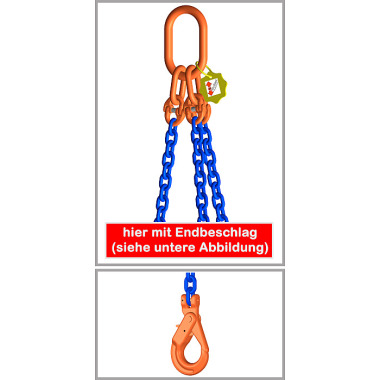 FS 3-Strang-Kettengehänge, Güteklasse 10, mit Sondergüte-Kette, 6 mm, 1 mtr Grundlänge, 0-45°=3000 kg/45-60°=2120 kg, mit Self-Locking-Gabelkopf-Lasthaken -- oben mit Aufhängering 135x75 mm HX36SLTyp2