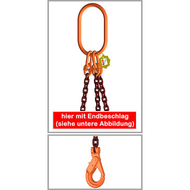 FS 3-Strang-Kettengehänge, Güteklasse 10, mit PAS-Kette, 6 mm, 1 mtr Grundlänge, 0-45°=3000 kg/45-60°=2120 kg, mit Self-Locking-Gabelkopf-Lasthaken -- oben mit Aufhängering 340x180 mm HPX36SLTyp2K25