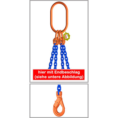 FS 4-Strang-Kettengehänge, Güteklasse 10, mit Sondergüte-Kette, 6 mm, 1 mtr Grundlänge, 0-45°=3000 kg/45-60°=2120 kg, mit Self-Locking-Gabelkopf-Lasthaken -- oben mit Aufhängering 340x180 mm HX46SLTyp2K25