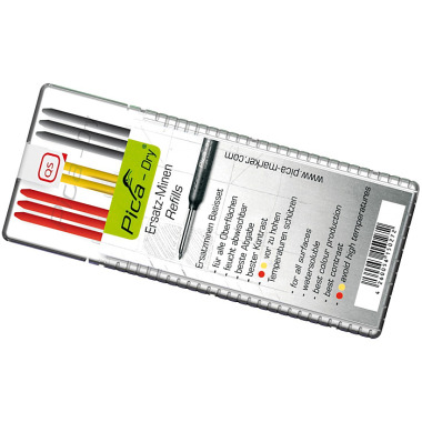 PICARD Ersatzminen-Set für Dry Tieflochmarker, Durchmesser 2,8 mm x ca. 125 mm, praktische Kunststoff-Minen-Box mit 12 Minen, 6 x schwarz, 3 x rot, 3 x gelb 0071664-000-DIY