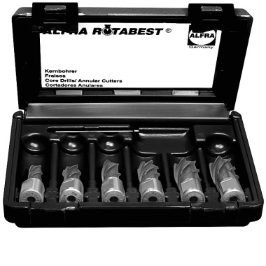 ALFRA Rotabest-HSS-Co-Kernbohrer RQX Schnitttiefe 30 mm, Set mit folgendem Inhalt: Ø12 - 14 - 16 - 18 - 22 - 26 mm, 1 Auswerferstift, 6-er Set 1902003025