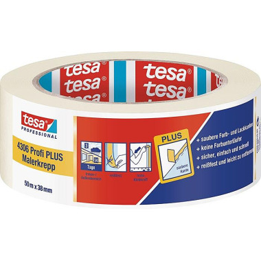 Tesa Malerkreppband 4306 Profi PLUS leicht gekreppt hellbeige L.50m B.38mm Rl.TESA 04306-00045-02