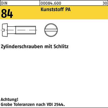 Zylinderschraube DIN 84/I SO 1207 Schlitz M2,5x 16 Polyamid 200 Stück 000846000025016