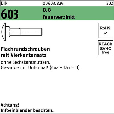 Flachrundschraube DIN 603 Vierkantansatz M12x 25 8 .8 feuerverz. 100 Stück 006038240120025