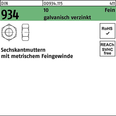 Sechskantmutter DIN 934 M 8x 1 10 galv.verz. 100 St ück 009341150080100