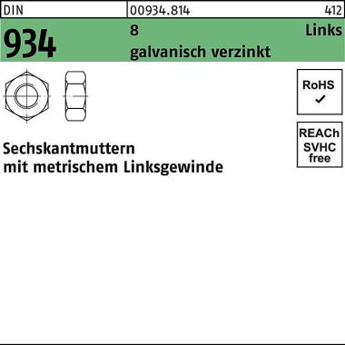 Sechskantmutter DIN 934 l inks M10 -LH 8 galv.verz. 100 Stück 009348140100000