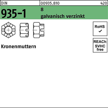 Kronenmutter DIN 935-1 M8 8 galv.verz. 100 Stück 009358100080000