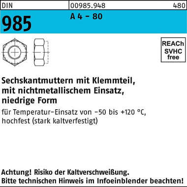 Sechskantmutter DIN 985 K lemmteil M16 A 4 - 80 250 Stück 009859480160000