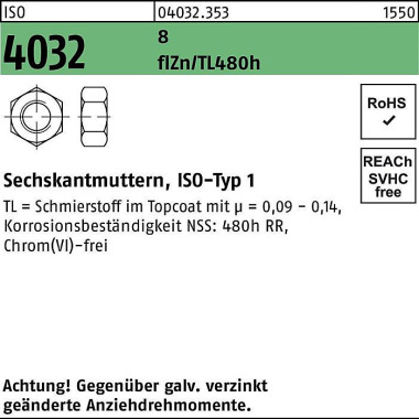 Sechskantmutter ISO 4032 M10 8 zinklamellenbes. Gl eitm. flZnnc 480h-L 500 S tück 040323530100000