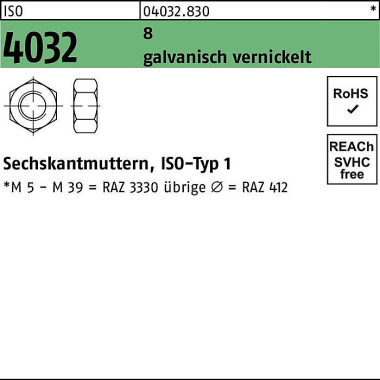 Sechskantmutter ISO 4032 M3 8 galv. vernickelt 100 0 Stück 040328300030000