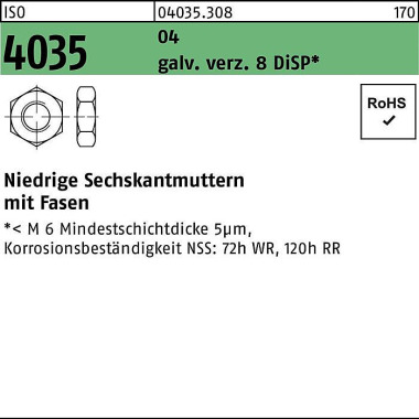 Sechskantmutter ISO 4035 niedrig Fasen M6 Automate nstahl galv.verz. 8 DiSP 100St 040353080060000