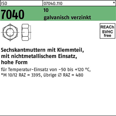 Sechskantmutter ISO 7040 Klemmteil M20 10 galv.ver z. 50 Stück 070401100200000