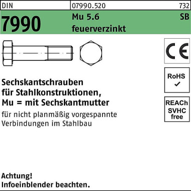 Sechskantschraube DIN 799 0 CE Sechskantmutter M24x 70 5.6 feuerverz. 25St. 079905200240070