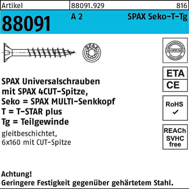 Schraube R 88091 SEKO T-S TAR TG 6x 60/37-T30 A 2 1 00 Stück SPAX 880919299060060