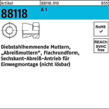 Mutter R 88118 diebstahlh emmend M10x 8 A 1 500 Stü ck 881189100100000