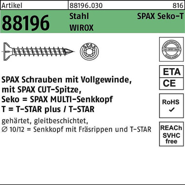 Schraube R 88196 Seko Spi tze/T-STAR VG 12x400-T50 Sta galv.verz. WIROX 25St SPAX 881960300120400