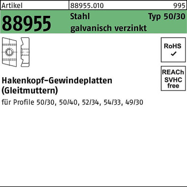 Hakenkopfgewindeplatte R 88955 Typ 50/30 M10 Stahl galv.verz. 50 Stück 889550100100000