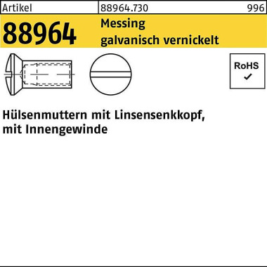 Hülsenmutter R 88964 Liko IG M4x 7 Messing galv. v ernickelt 200 Stück 889647300040007