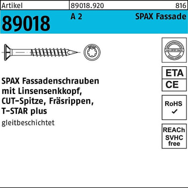 Fassadenschraube R 89018 LISEKO T-STAR 4,5x 50/32- T A 2 200 Stück SPAX 890189200045050