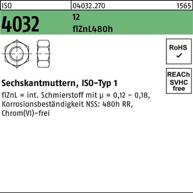 Sechskantmutter ISO 4032 M8 12 flZnL 480h zinklame llenb. 100 Stück 040322700080000