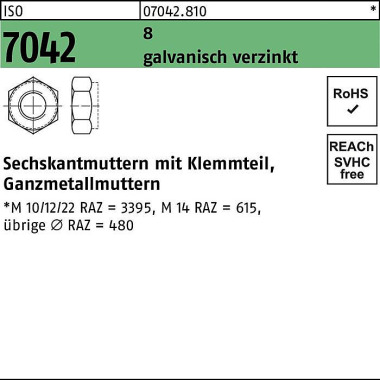 Sechskantmutter ISO 7042 Klemmteil M8 8 galv.verz. 200 Stück 070428100080000