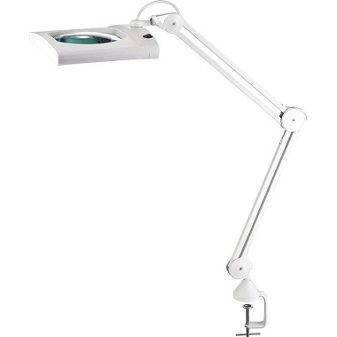 LED-Lupenleuchte Glaslinse 190,5mm (7,5″)Tischklemme weiß m.Abdeckung,eckiger Kopf 9223