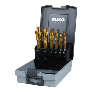 Ruko Flat countersinker-set DIN 373 HSS-TiN with fixed guide in plastic case 102450TRO