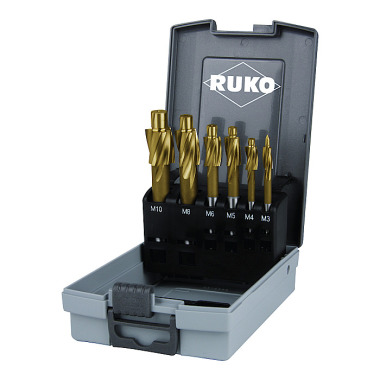 Ruko Flat countersinker-set DIN 373 HSS-TiN with fixed guide in plastic case 102452TRO