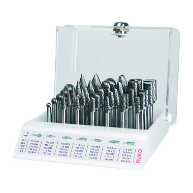 Ruko Sets of tungsten carbide rotary burrs in a convenient table display 116008