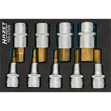 HAZET Screwdriver socket set - square hollow 12.5 mm (1/2 inch) - hexagon socket profile - number of tools: 9 163-270/9