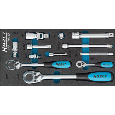 HAZET Drive tool set - solid square 6.3 mm (1/4 inch), solid square 10 mm (3/8 inch), solid square 12.5 mm (1/2 inch) - Number of tools: 12 163-476/12