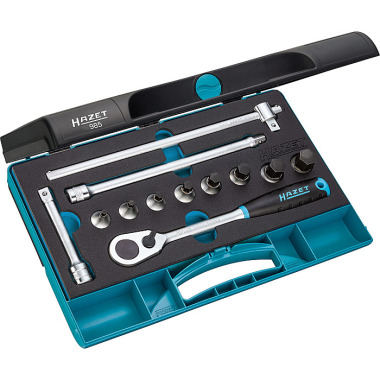 HAZET Screwdriver socket set - square hollow 12.5 mm (1/2 inch) - hexagon socket profile - number of tools: 12 985