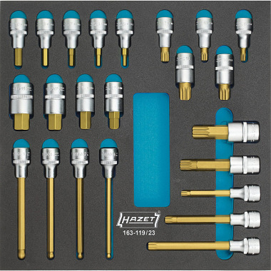 HAZET Screwdriver socket set - square hollow 12.5 mm (1/2 inch) - hexagon socket profile, internal multi-tooth profile XZN - number of tools: 23 163-119/23