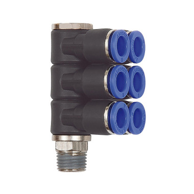 Riegler L-multiple distributor »Blue Series«, 6-way, rotatable, R 1/4 a. Ø8mm 109722