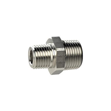 Riegler Double threaded nipple, conical, R 3/8 a., R 3/8 a., SW 19, nickel-plated brass. 134788