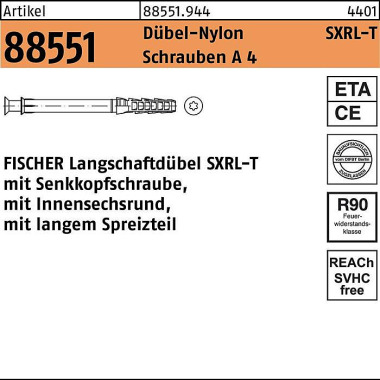 Fischer Langschaftdübel R 88551 S XRL 10x290 T Schrauben A 4/Dübel-Nylon 50Stück FIS CHER 885519440100290