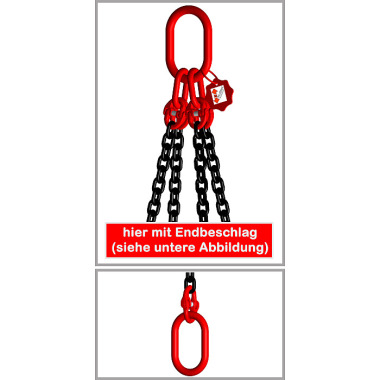 FS 4-Strang-Kettengehänge, Güteklasse 8, mit schwarz lackierter Kette, 6 mm, 1 mtr Grundlänge, 0-45° = 2360 kg/45-60° = 1700 kg, mit Aufhängering -- oben mit Aufhängering 180x100 mm H46SLTyp8K8