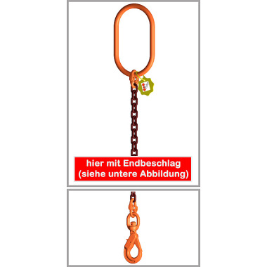 FS 1-Strang-Kettengehänge, Güteklasse 10, mit PAS-Kette, 8 mm, 1 mtr Grundlänge, 2500 kg, mit Self-Locking-Haken mit Wirbel -- oben mit Aufhängering 340x180 mm HPX18SLTyp7K25