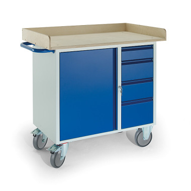 ROLLCART Werkstattwagen mit 4 Schubladen 1 Stahlschrank Holzrand, Ladefläche LxB: 1000x600 mm, Tragkraft: 400 kg 07-4363