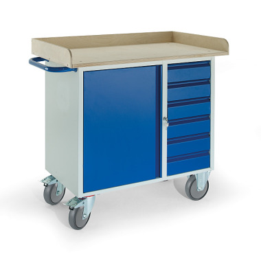 ROLLCART Werkstattwagen mit 6 Schubladen 1 Stahlschrank Holzrand, Ladefläche LxB: 1000x600 mm, Tragkraft: 400 kg 07-4367