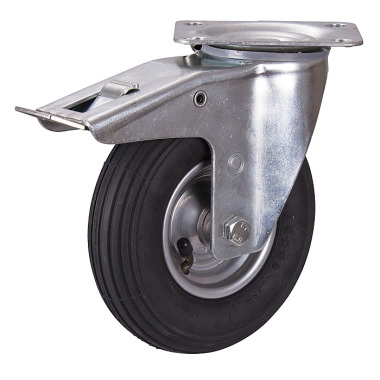 VARIOfit Brake castor with pneumatic tyres, 200 x 50 mm, black on steel rim dpl-200.000