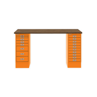 BISLEY MultiDesk, 1 MultiDrawer mit 10 Schüben, 1 MultiDrawer mit 8 Schüben, Dekor Nussbaum, Farbe Orange, Maße: H 740 x B 1400  x T 600 mm MD14810NW603