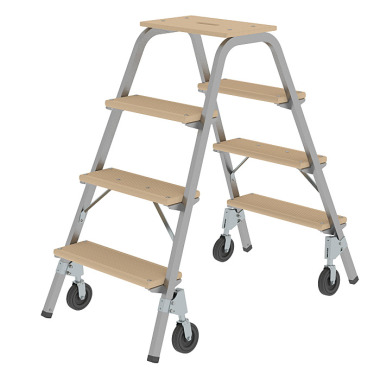 MUNK Steel and wood step stool with lifting castors 2x4 steps 39014