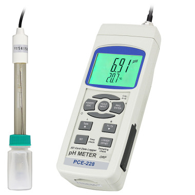 PCE pH meter PCE-228 incl. pH electrode PE-03 and stainless steel temperature sensor especially for temperatures up to 100°C